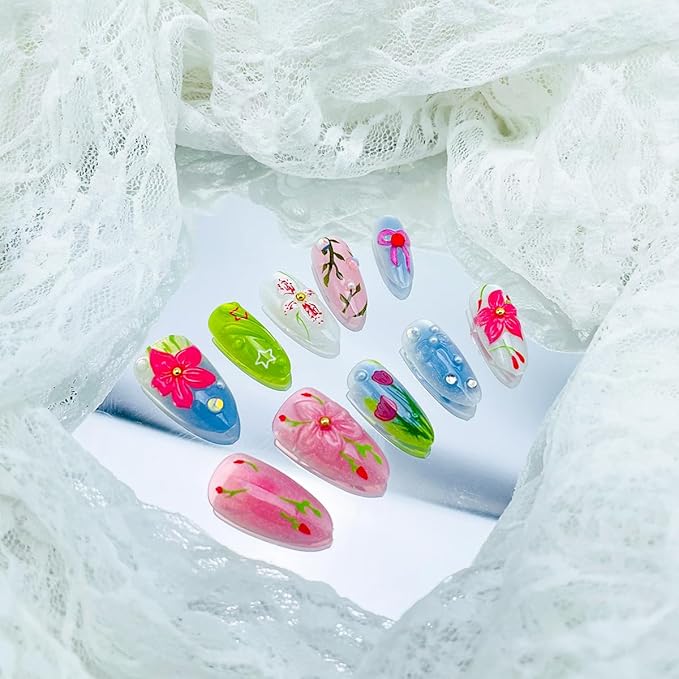 30Pcs 3D Flower Press on Nails Medium Almond Fake Nails with Gem Rhinestones Design Heart Bow Acrylic Nails Full Cover Cute Flowers False Nail Reusable Fall Stick on Nail for Women Manicure Decor