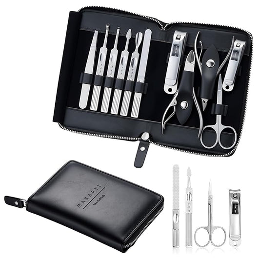 Makartt Manicure Kit: Professional Nail Care Clippers Set - 11 pcs Stainless Steel Tavel Women Men Fingernail Grooming Tool with Portable Black Leather Case