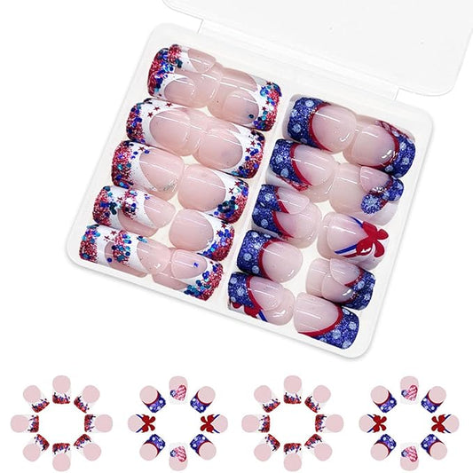 48Pcs Independence Press on Nails Short Square Fake Nails Kit 4th of July with Red White Stripes Star Sequin Glitter Design,Glossy False Nails American Flag Press on Patriotic Stick on Nail for Women