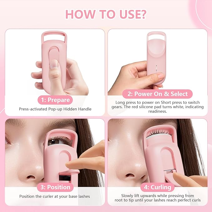 Heated Eyelash Curler, Electric Eyelash Curler with 2-Temp Modes & Type-C Charging, 8s Fast Heat 3s Style 24H Lift for Long-Lasting Natural Effortless Curls, Mini Heated Lash Curler for Women(Pink)