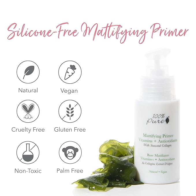 100% PURE Mattifying Face Primer Plumping Makeup Base & Moisturizer with Anti-Aging Seaweed Collagen - Long-Lasting Matte Pore Diminishing Cosmetics Prep, Flawless Smooth Skin Hydration - 1 oz