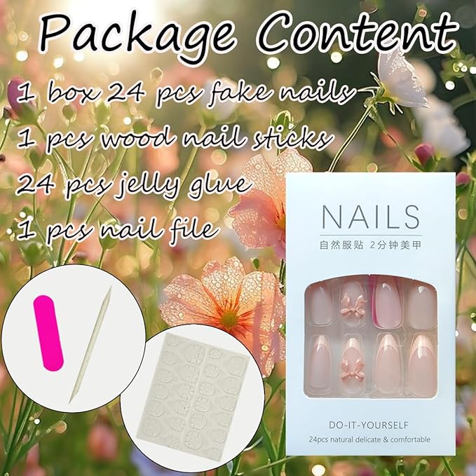 24Pcs Pink French Tip Press on Nails Medium Almond Shaped Fake Nails Cute Bow Charm Design Glue on Nails Reusable Acrylic False Nails Nude Pink Stick on Nails for Women Girls French Stiletto Manicure