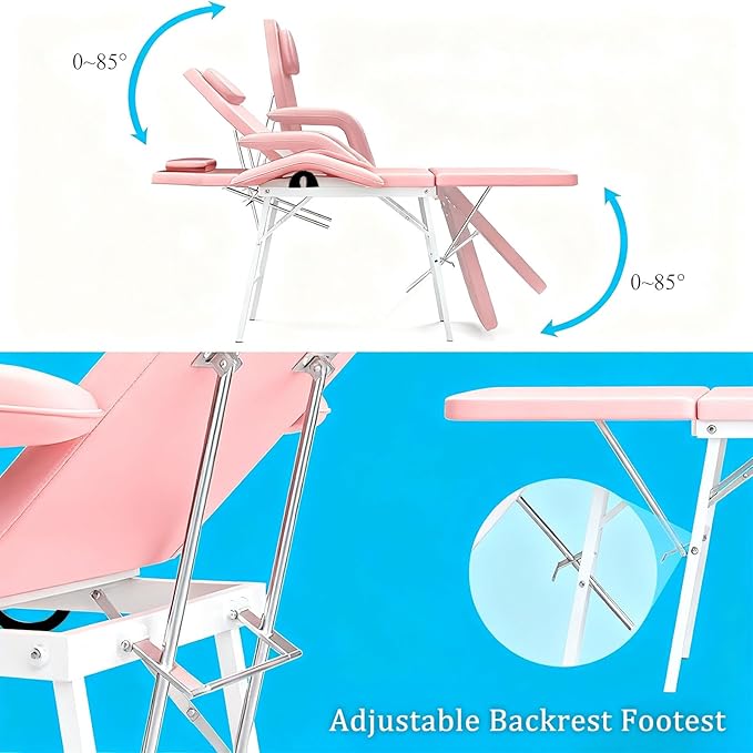 Portable Tattoo Chair, Adjustable Massage Facial Bed with Removable Headrest & Armrest, Foldable Spa Chair with Carry Bag, 73 Inch Esthetician Bed for Salon Beauty Barber Spa Tattoo (Pink)