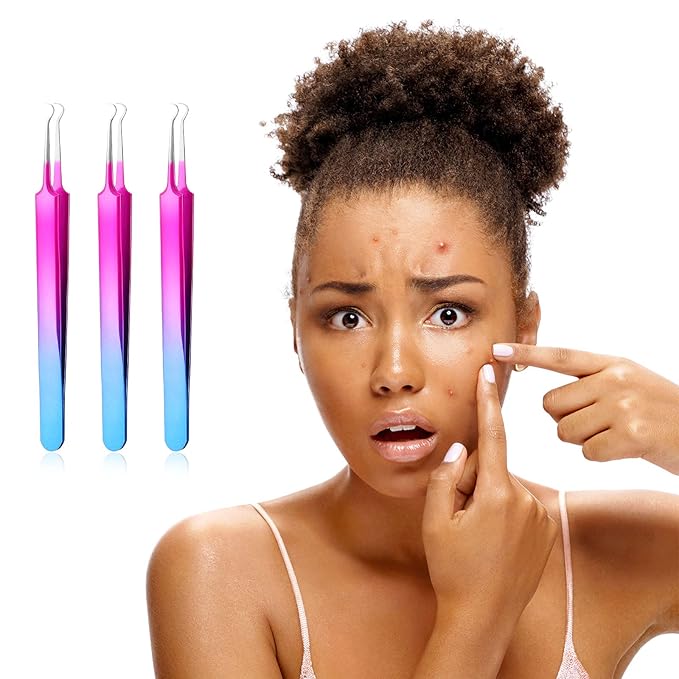 Honoson 3 Pcs Blackhead Tweezer Stainless Steel Pimple Tweezers Extractor Tool for Remove Zit Whitehead Pimple Bend Curved Tweezer Skin Blackhead Remover Tools(Rainbow Color)
