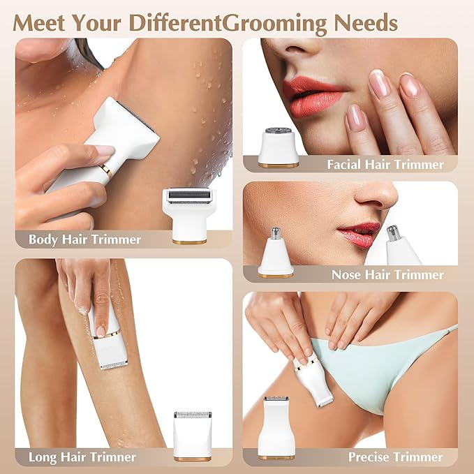 Electric Bikini Trimmer for Women - 5 in 1 Rechargeable Electric Razors for Women, IPX7 Waterproof Pubic Hair Trimmer, Painless Womens Body Shaver, Facial Razor & Nose Hair Shaver, White