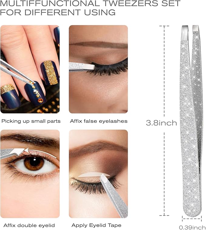4-Pcs Glitter Stainless Steel Precision Tweezer Set for Eyebrows, Ingrown Hair & Lash Extensions (Bright Silver)