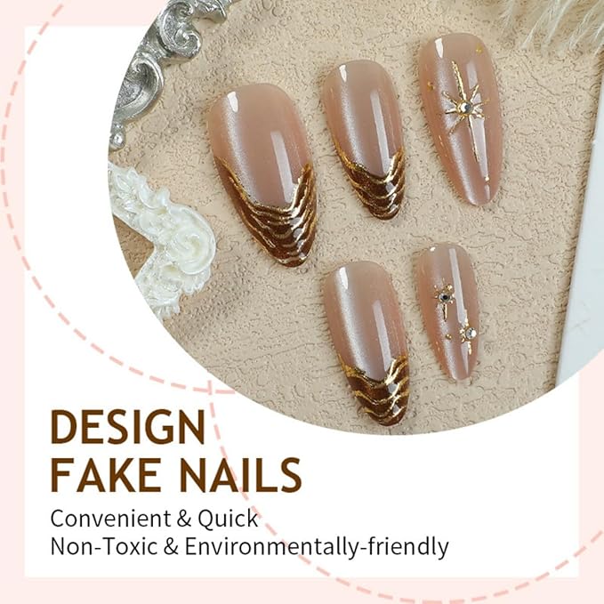 24Pcs Gold Press on Nails Medium Almond Fake Nails 3D Gold Chrome Rhinestone Design Stick on Nails French Tip False Nails Full Cover Acrylic Glue On Nail for Women Nail Art Decoration