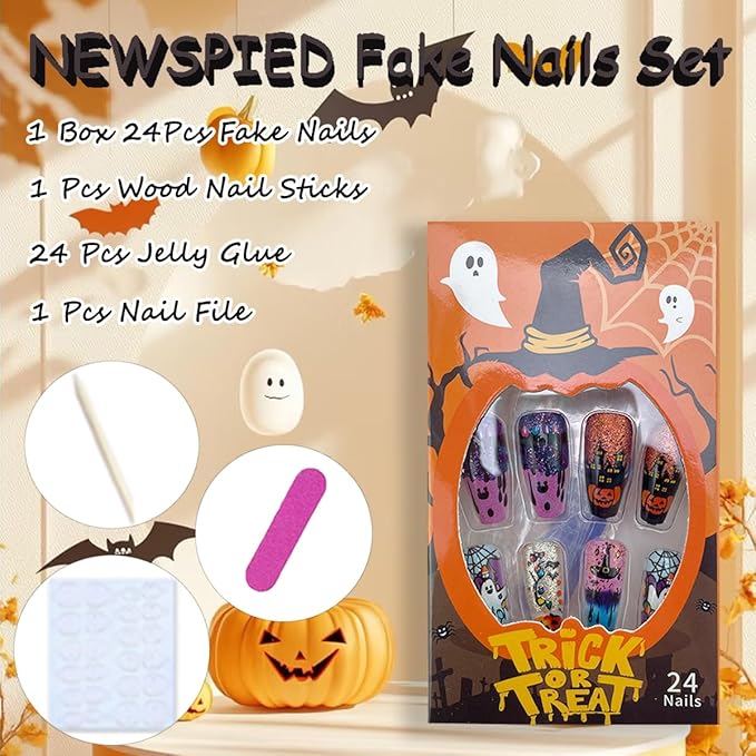 24Pcs Halloween Press on Nails Long Coffin False Nails with Ghost Pumpkin Design Acrylic Glue on Nails Black Cat Bat Halloween Fake Nails Glossy Glitter Holiday Stick on Nails for Women DIY Nail Salon