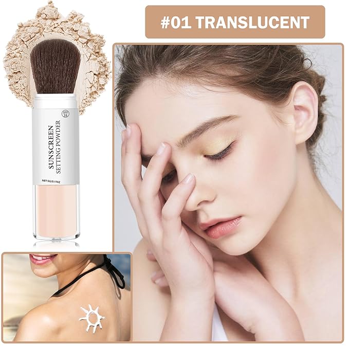 Mineral Sunscreen Setting Powder Mineral Brush Powder SPF 35 PA+++ Oil Control Matte Effect Lightweight Breathable Translucent Powder Setting Powder Sunscreen Makeup for Face with Brush-01 Translucent