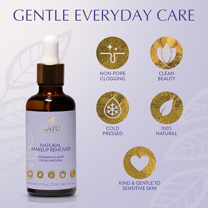 NATÚ BOTANICALS Natural Makeup Remover Oil – Non-Greasy Gentle Cleanser, Lip & Eye Makeup Remover - Nourishing & Hydrating Cleansing Oil for Face Leaving Skin Soft & Radiant - Clean & Natural