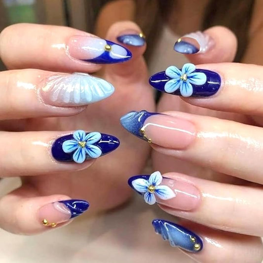 24Pcs Blue Flower Press on Nails Medium Almond French Tip Fake Nails with 3D Glue Dripping Crafts Blue Petals Designs Nude Stick on Nails Glossy False Nails Full Cover Artificial Nails for Women