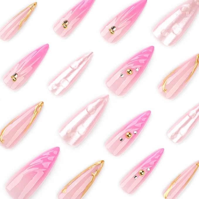 Pink Press on Nails Long Stiletto Fake Nails Ombre Glue on Nails with Gold Design Glossy False Nails Reusable Artificial Acrylic Full Cover 3D Ocean Shell Stick on Nails for Women Manicure 24Pcs