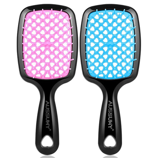 2 Pack Vented Detangling Hair Brush - Detangler Hairbrush with Soft Bristles for Effortless Tangle Free - Ideal for Wet Dry or Damaged Hair for Women Men Kids -Mixed Colors