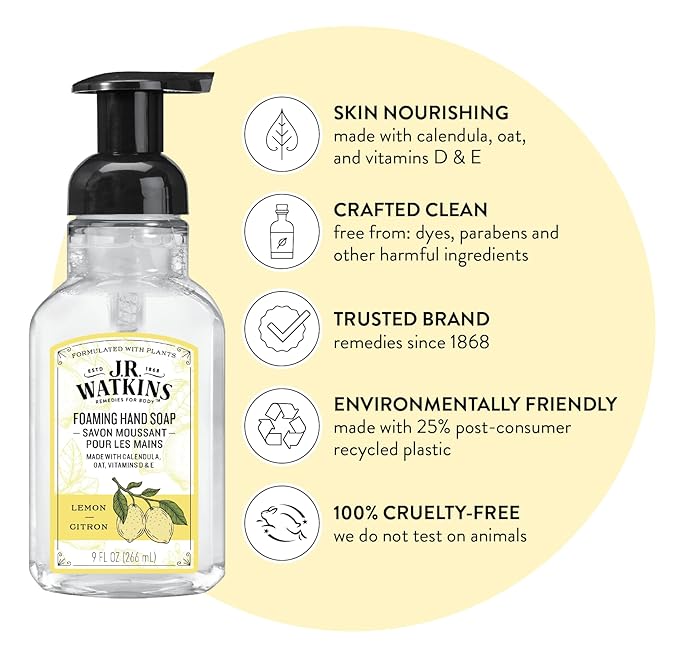 J.R. Watkins Foaming Hand Soap with Pump Dispenser, Moisturizing Foam Hand Wash, Alcohol-Free, Cruelty-Free, Lemon, 9 fl oz, 3 Pack