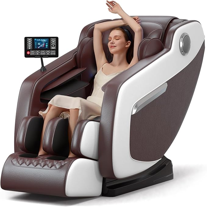Massage Chair Full Body Zero Gravity, Massage Recliner with Air Pressure, 10 Fixed Massage Rollers, Heating, Foot Roller, Bluetooth Speaker, for Home Office Men Women (Brown)