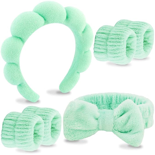 VELSCRUN Spa Headband, Makeup Face Wash Skincare Headbands, 6 Pcs Bright Green Sponge Bow Tie Get Ready HairBand Facial Wristband Set, Stuff for Teen Girls Women Trendy Fashion Hair Accessories