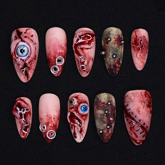 30Pcs Halloween Press on Nails Medium Almond Fake Nails Evil Eye False Nails with Red Blood Design Full Cover Artificial Glue on Nails Gothic Silver Rhinestones Stick on Nail for Women Acrylic DIY