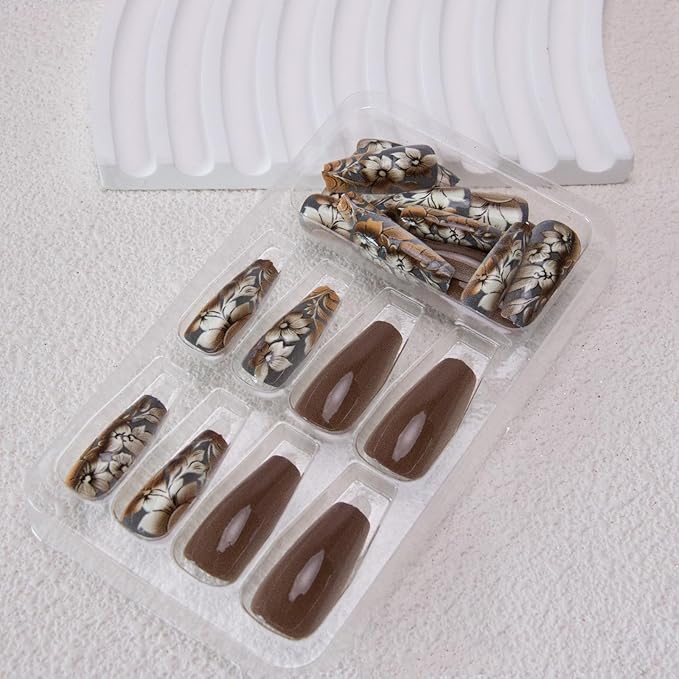 Medium Square Acrylic Nails, 24Pcs Glossy Floral Designs, Full Cover Artificial Nails, Press On Nails, Brown, Style 6