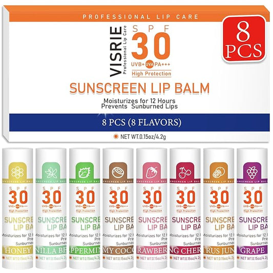 SPF 30 Lip Balm with Sunscreen, 8 Pack - 8 Flavors, Hydrating Lip Balm with Vitamin E and Coconut Oil