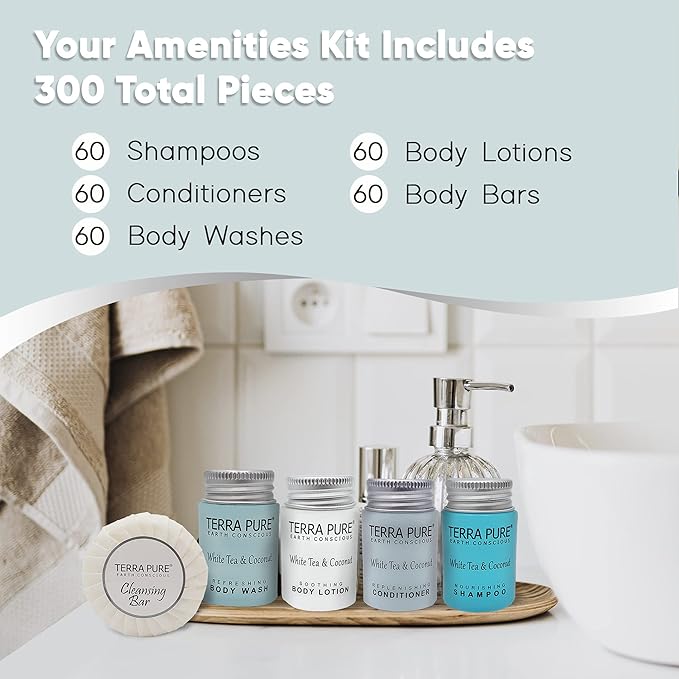 Terra Pure White Tea & Coconut Toiletries Set | 1-Shoppe Amenities Kit | 1oz Shampoo & Conditioner, Body Wash, Lotion, 1.25oz Bar Soap | Travel Size | 300 Pieces