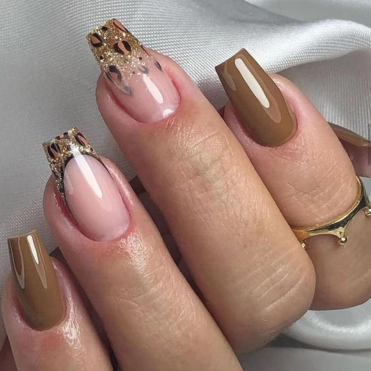 Fall Press On Nails Short Coffin Plastic False Nails 24Pcs Set with Golden Glitter Leopard Designs French Tip Glossy Glue On Nails Brown Nude Gold Almond Shape