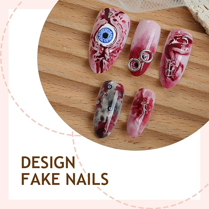 30Pcs Halloween Press on Nails Medium Almond Shaped Gothic Fake Nails Wound Stitch with Eye Red Full Cover Glue on Nails Artificial Reusable False Nails for Women Acrylic Manicure DIY