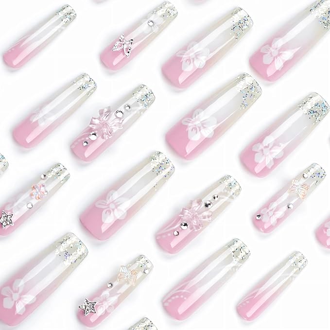 BABALAL Pink Press on Nails Long Square Fake Nails Glitter French Tip Glue on Nails 3d Bow Heart Rhinestone Star Charm Flower Shiny Luxury Acrylic Nails 24Pcs Squoval Flower Nails Press on