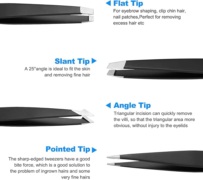 HAWATOUR Tweezers Set, 4Pcs Eyebrows Tweezers for Women, Great Precision for Ingrown Hair, Splinter, Facial Hair Removal, Black