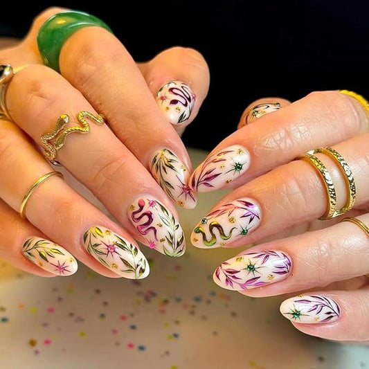 Fall Colorful Press on Nails Medium Almond False Nails with Snake Design Full Cover Glue on Nail Reusable Bohemian Style Acrylic Fake Nails Glossy Artificial Stick on Nail for Women