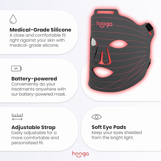 Hooga Red Light Therapy LED Mask and Neck Piece Combo Set, Tri Chip LEDs, 630 nm and 660nm Red & 850nm Near Infrared, Adjustable, Comfortable, USB Type-C Rechargeable for Wellness and Anti-Aging