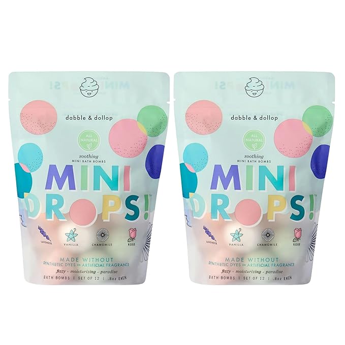 Dabble & Dollop Mini Bath Bombs, 100% Natural Droplets for Kids, Soothing Scents - Resealable Pouches, Fizzy, Moisturizing & Fun, Vegan, Gluten-Free, Cruelty-Free (Set of 24)