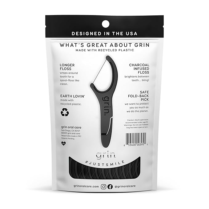 GRIN White Charcoal Infused Flosspyx, 75 Count, Dental Flossers, Minty Flavor, Recycled Plastic, Charcoal Infused Floss Picks, Premium Longer Floss Head, Easy Slide, Includes Soft Fold-Back Tooth Pick