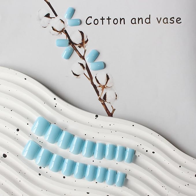 KQueenest Short Press-on Nails - Square, Baby Blue, Glazed Gel, Acrylic, Pure Fake, Short, Natural, Petite, Bright, Stick-on Nails for Fingers