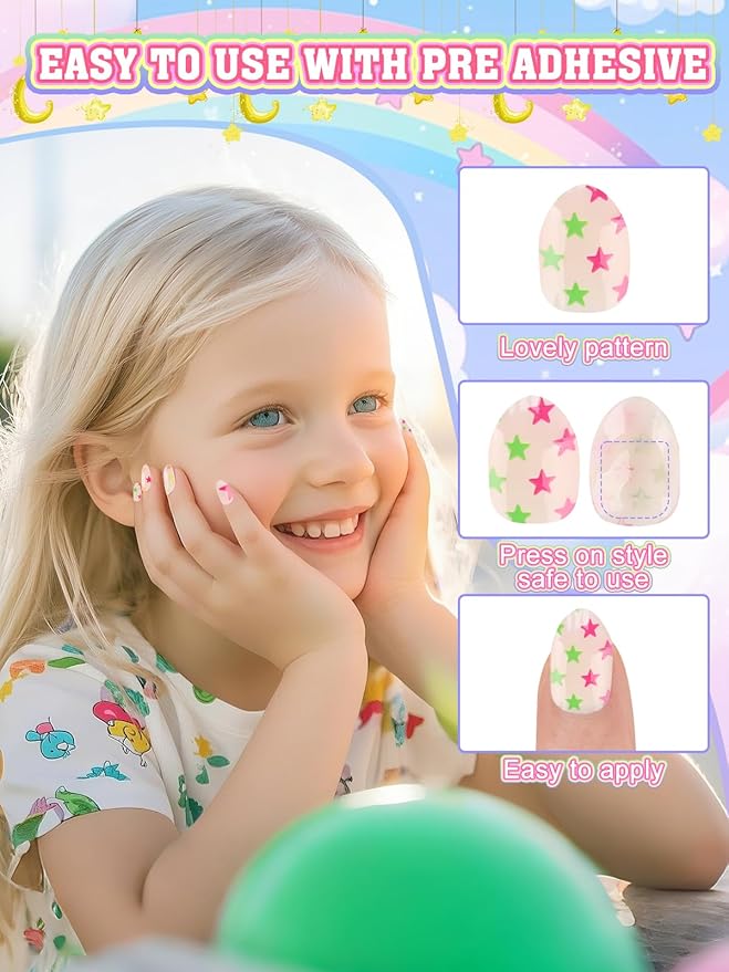 72 Pieces Press on Nails for Kids, EBANKU 3 Pack Kid Fake Nail Kit Lemon Star Press on Nails for Girls 7-12 Years with Jelly Nail Adhesives