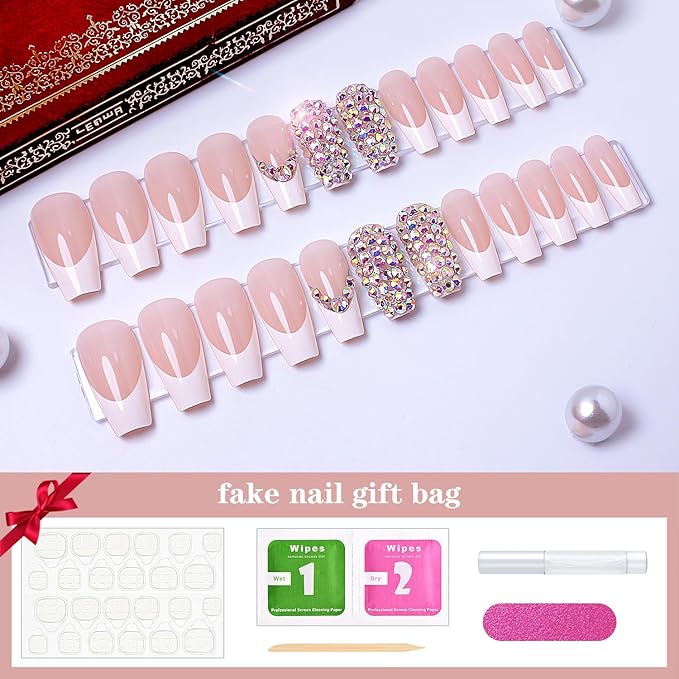 Yivaiks 24pcs Press on Nails Medium Length Coffin,Rhinestones Acrylic Fake Nails with glue kit，Glossy Crystal Ballerina Nails Press on， Stick On Nails for Women Girls