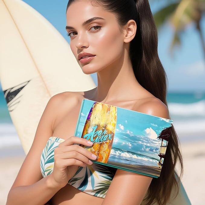 Empty Magnetic Makeup Palette, DIY Eyeshadow Pans Organizer With Mirror Inside, Frosted Finish Embossed Art Paper Makeup Organizer (Summer Day)