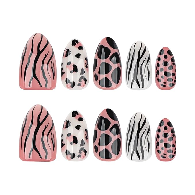 Nude Brown Almond Press On Nails Short, Edgy Fake Nails with Leopard and Zebra Detail, Glossy Gel Finish Acrylic Nails, Reusable Glue On Nail Kit for Women, Trendy Mixed Animal Design False Nail