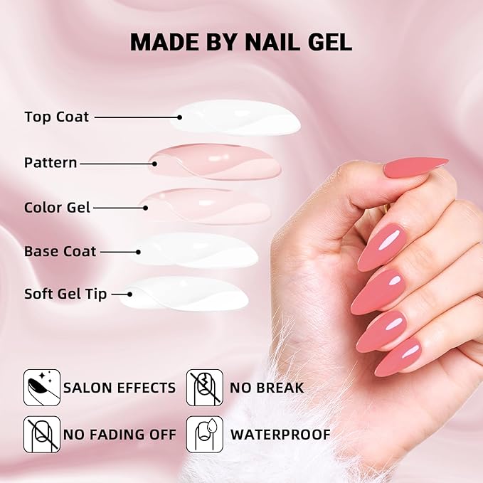 Wooyas Soft Gel Press on Nails Medium ，Almond Glossy Handmade Fake Nails Reusable ，Rose Pink Color Fit Perfectly Glue On Nails in 12 Sizes - 24 Pcs Soft Gel Glue On Nails Kit