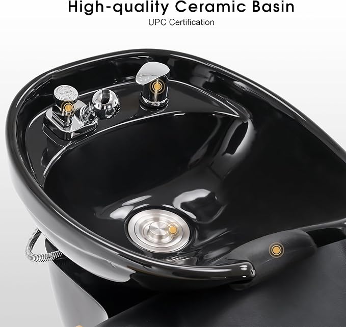 BarberPub Backwash Shampoo Station Chair Unit with Leg Rest, Adjustable Ceramic Shampoo Bowl Sink and Chair Set for Home Salon, Barbershop 9077 (Black)