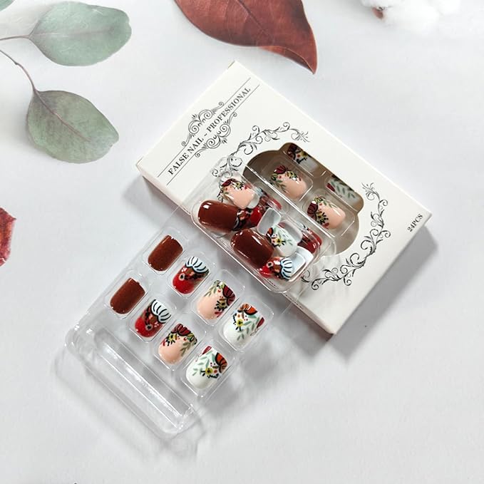 Thanksgiving Press on Nails Short Square Fake Nails Brown False Nail with Pumpkin Floral Designs Fall Glue on Nail Cute Acrylic Nails Reusable Glossy Stick on Fingernails for Women 24Pcs