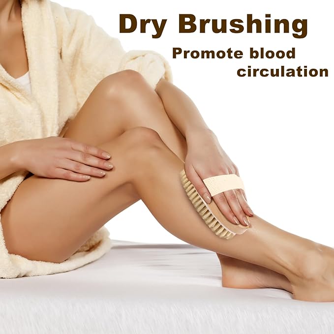 2Pcs Natural Bristle Exfoliating Brush, Body Scrubber for Lymphatic Drainage, Blood Circulation, Wet and Dry Brush, Deep Exfoliation for Smooth Skin