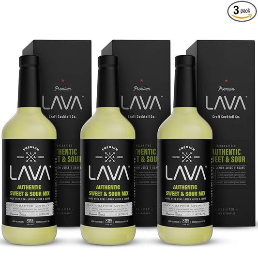 (3 Pack) LAVA Premium Authentic Sweet & Sour Mix, Made with Real Lemon Juice, Lime Juice, Raw Blue Agave, No Artificial Sweeteners. Whiskey Sour, Long Island Iced Tea, Lemon Drop. 33.8oz Glass Bottles