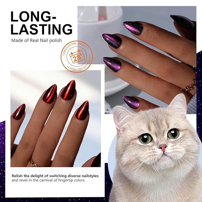 KQueenest Cat Eye Press On Nails Short, Fall Press On Nails Almond, Sparkle Light Brown Fake Nails With Glue, Recycled Soft Gel Glue On Nails for Woman, Long-Lasting Glitter Effect, 30 Pcs