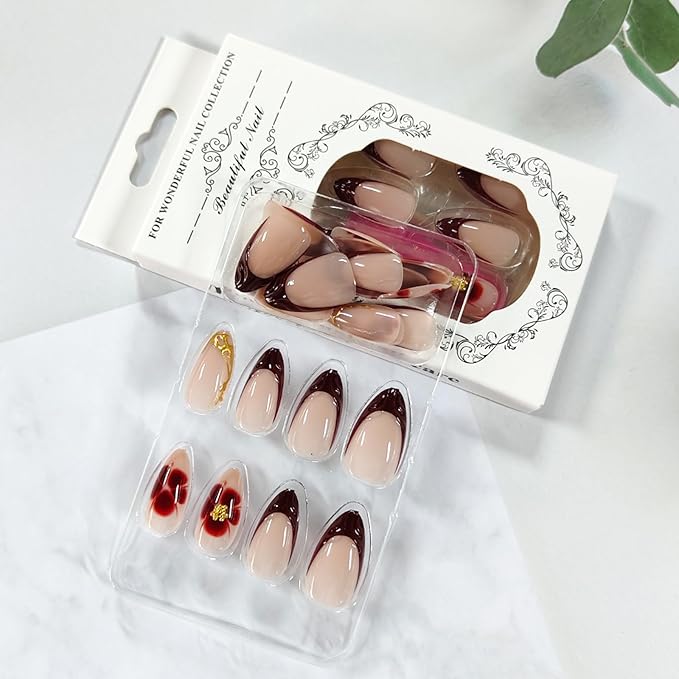 3D Dark Red French Tip Press on Nails Flower Medium Almond False Nails Glossy Gold Curve line Acrylic Fake Nail Tortoise Pattern Stick on Fingernails Petal Gel Glue on Nail for Women 24Pcs