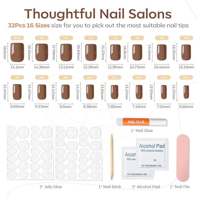 Modelones 32Pcs Brown Press on Nails, Christmas Short Square Fake Nails, Reusable Nail Kit with Nail Glue Adhesive Tabs Mini Nail File, Nails Press Ons 16 Sizes