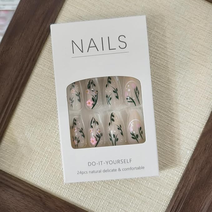 24Pcs Medium Press on Nails Almond Fake Nails with Flower Charms Cute Tulip Floral Leaf Nail Design Glossy Acrylic Nails Artificial Glue on Nails Full Cover Spring Summer Flower False Nails for Women