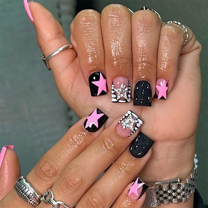 24Pcs Leopard French Tip Press on Nails Short Square Fake Nails 3D Star Acrylic Nails Black Gloss False Nail with Pink Star Design Reusable Artificial Glue on Nail for Women DIY Manicure Supplies