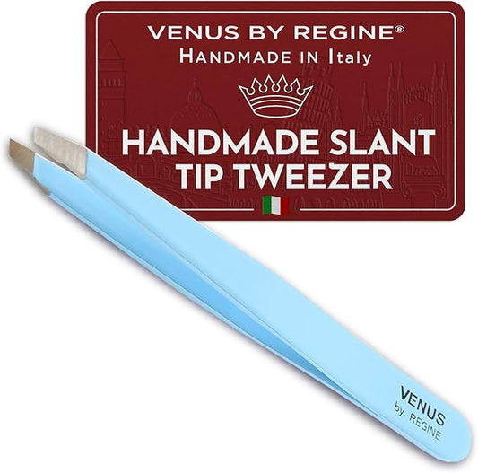 Venus by Regine Slant Tweezers - Handmade Precision Tool for Women & Men, 25-Degree Angle for Shaping Eyebrows & Grooming Facial Contours, Suitable for Eyebrow & Facial Hair Removal (Bright Blue)