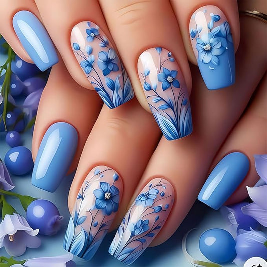 Coffin Press on Nails Medium Square Fake Nails with Blue Flower Designs Spring Summer Glue on Nails Full Cover Acrylic Nails Reusable Artificial False Nail for Women Girls Manicure Salon 24pcs