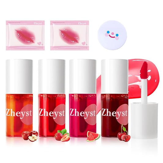 Lip Tint 4 Colors High Shine Non-Sticky Easy Apply Formula Waterproof Lip Stain With Vitamin E Moisturizing Long-Lasting Lip Gloss For Women Buildable Shine Mini Water Lipstick Fruit Extracts